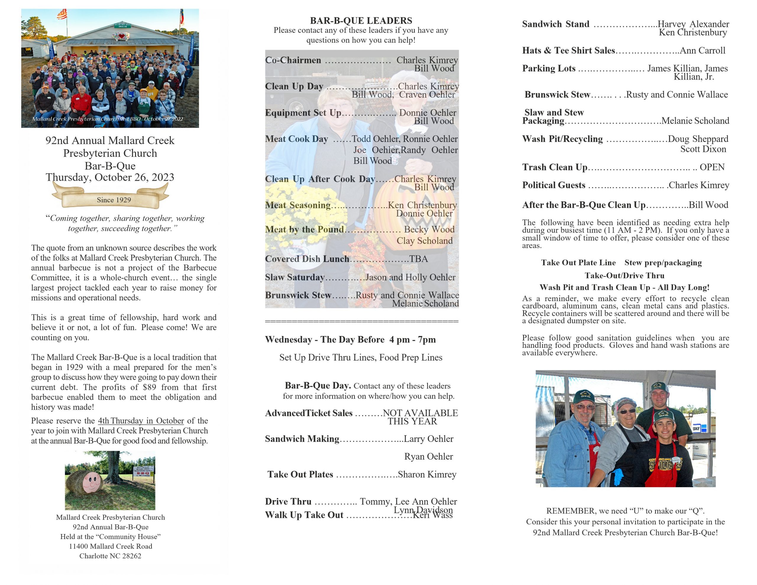 2023 Full Color Brochure Work Schedule Mallard Creek Barbecue